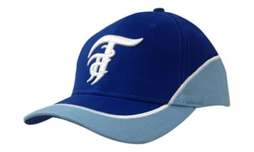 A blue cap with a white embroidered logo, featuring a light blue peak and accents.