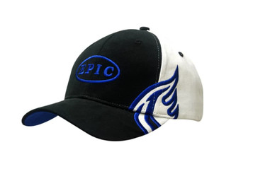 A black and white cap featuring wing embroidery on the crown and peak, with a logo on the front.