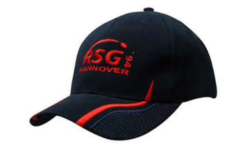 A navy cap featuring red accents and a logo, designed with peak mesh inserts for breathability.