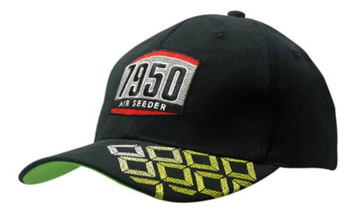 A black cap with an embroidered patch on the front and a patterned peak in green and yellow. Features a logo.