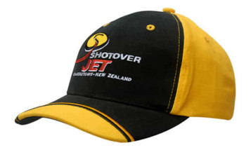 A black and yellow cap featuring a logo and an embroidered design on the front.