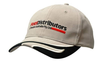 A beige cap with a black peak, featuring an embroidered logo on the front.