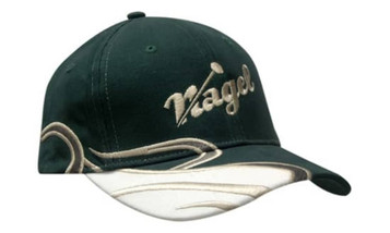 A dark green cap featuring swirl embroidery on the crown and peak, with a logo on the front.