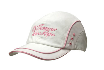 A white cap with pink sandwich trim, mesh inserts, and crown/peak piping, featuring a logo. A white cap with pink sandwich trim, mesh inserts, and crown/peak piping, featuring a logo.