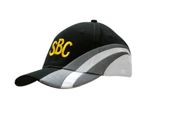 A black cap with grey fabric inserts and yellow embroidery on the crown and peak, featuring a logo. A black cap with grey fabric inserts and yellow embroidery on the crown and peak, featuring a logo.
