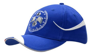A blue cap with fabric inserts and embroidery on the crown and peak, featuring a logo.