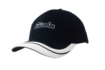 A black cap with a white peak insert and embroidered lines, featuring a logo on the front. A black cap with a white peak insert and embroidered lines, featuring a logo on the front.