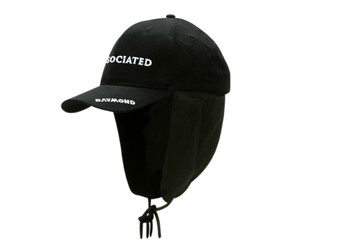 A black brushed heavy cotton cap with a back flap and rope. Features text and a logo on the front.