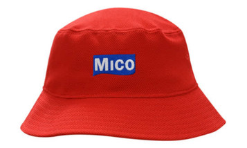A red bucket hat featuring a logo on the front, made from double pique mesh material.