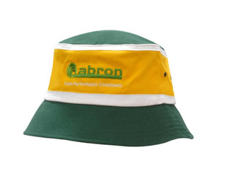 A green and yellow premium cotton twill bucket hat with crown trims and a branding logo. A green and yellow premium cotton twill bucket hat with crown trims and a branding logo.