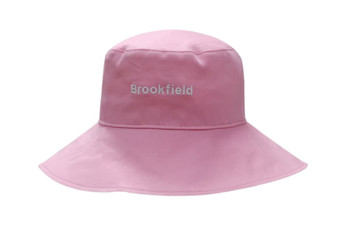 A pink cotton twill ladies hat with a wide brim and a logo on the front. A pink cotton twill ladies hat with a wide brim and a logo on the front.