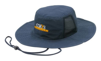 A navy microfibre hat with mesh inserts and an adjustable chin strap, featuring a logo.