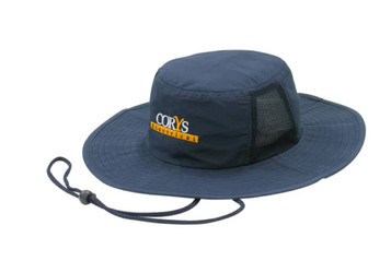 A navy microfibre hat featuring mesh inserts and an adjustable chin strap. It includes a logo.