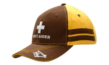 A brown and yellow cap featuring a logo, contrast stitching, and stripes on the crown.