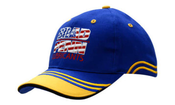 A blue cap with a yellow peak, featuring embroidered branding and a sandwich trim design.