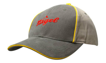 A grey cap with sandwich trim and crown piping in yellow, featuring a logo on the front.