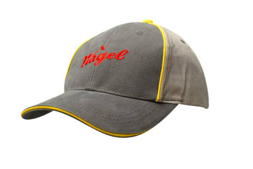 Brushed heavy cotton cap in grey with yellow sandwich trim and crown piping. Features a logo on the front. Brushed heavy cotton cap in grey with yellow sandwich trim and crown piping. Features a logo on the front.