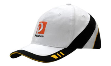 A white cap with black and yellow accents, featuring embroidery and a logo on the front.