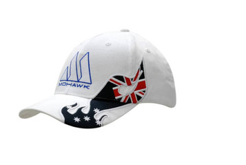 A white cap featuring an Australia applique on the crown and peak, with a logo on the front.