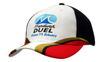 A cap featuring a white front, black sides, and a red underside with embroidered details and a logo.