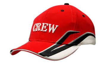 A red cap with black and white trim, featuring the word "CREW" embroidered on the front and a logo on the side.