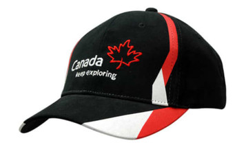 A black cap featuring a red and white design with a logo and text. Ideal for headwear and outdoor activities.