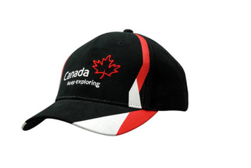 A black and red cap with a printed design, featuring a logo and angled stripes in white.