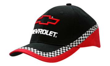 A black and red cap featuring a check print border and a logo. Made from brushed heavy cotton.
