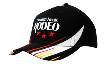A black cap with red, white, and yellow fabric inserts featuring a logo on the front.