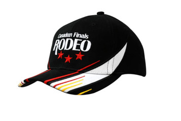 A black cap featuring embroidered details, including a logo, with red, white, and yellow accents on the peak. A black cap featuring embroidered details, including a logo, with red, white, and yellow accents on the peak.