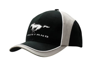 A black and grey cap with fabric inserts, featuring a logo on the front and an embroidered design.