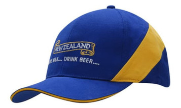A blue and yellow cap with a fabric insert on the crown and a logo. Features a sandwich trim on the brim.