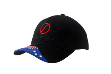 A black cap featuring an embroidered design and an Australia flag insert on the peak. A black cap featuring an embroidered design and an Australia flag insert on the peak.