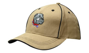 A khaki cap featuring a bulldog logo, with sandwich trim and crown piping. It has a structured design.