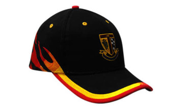A black cap featuring flame embroidery on the crown and peak, with a logo on the front.