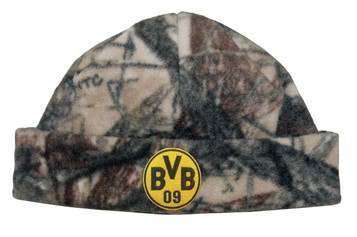 A camouflage micro fleece beanie featuring a circular logo on the front. A camouflage micro fleece beanie featuring a circular logo on the front.