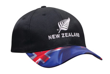 A black cap featuring a waving New Zealand flag peak and a logo on the front. A black cap featuring a waving New Zealand flag peak and a logo on the front.