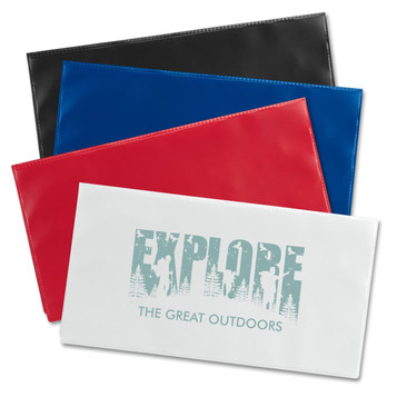 A set of four vinyl travel wallets in black, blue, red, and white, featuring outdoor-themed designs and a logo. A set of four vinyl travel wallets in black, blue, red, and white, featuring outdoor-themed designs and a logo.