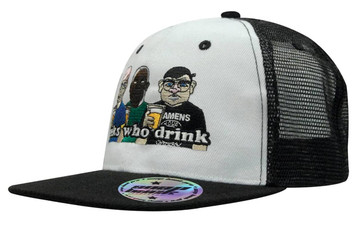 A black and white snapback cap featuring a cartoon graphic of three characters. The cap has a branded logo.