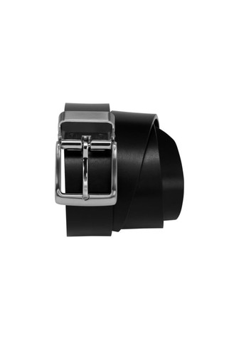 A black men's standard belt with a silver buckle, featuring a smooth design and a logo. A black men's standard belt with a silver buckle, featuring a smooth design and a logo.