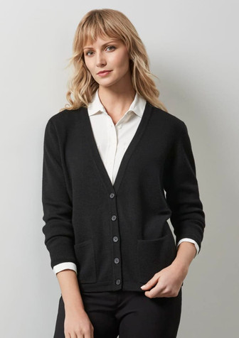 A black women's woolmix cardigan with a V-neck, buttons down the front, and two pockets. A black women's woolmix cardigan with a V-neck, buttons down the front, and two pockets.