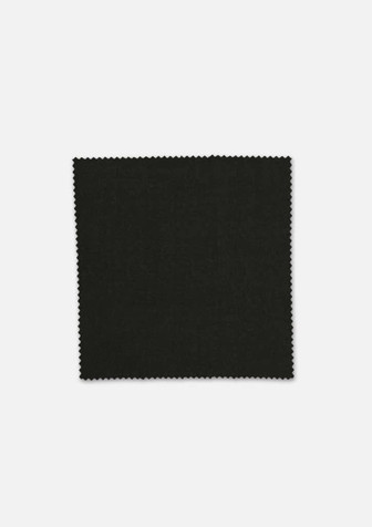 A square swatch of dark green wool fabric with a textured finish and a scalloped edge. It features a branding logo. A square swatch of dark green wool fabric with a textured finish and a scalloped edge. It features a branding logo.