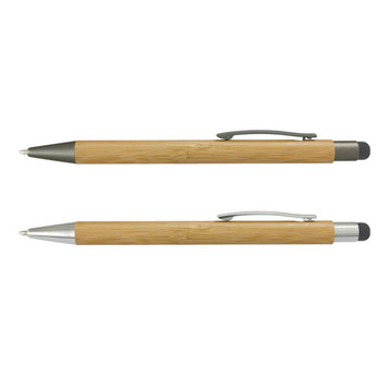 A bamboo stylus pen featuring a silver clip and tip, with a black rubber stylus end, displayed from two angles. A bamboo stylus pen featuring a silver clip and tip, with a black rubber stylus end, displayed from two angles.