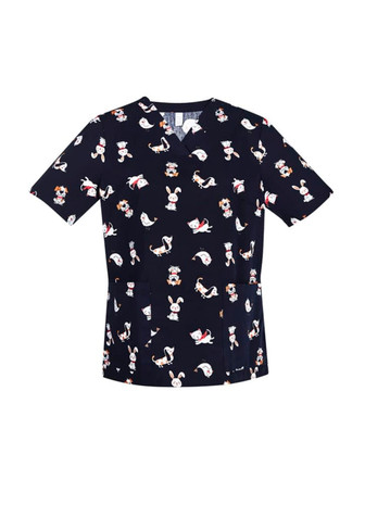 A navy scrub top featuring a fun print of various animals and characters, with a logo present on the garment.