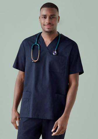 A navy blue men's scrub top with a pocket, featuring a logo and a stethoscope around the neck. A navy blue men's scrub top with a pocket, featuring a logo and a stethoscope around the neck.