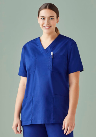 A unisex reversible scrub top in a vibrant royal blue, featuring two front pockets and a pen pocket. A unisex reversible scrub top in a vibrant royal blue, featuring two front pockets and a pen pocket.