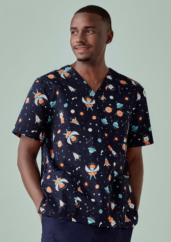 A men's scrub top featuring a navy background with colourful space-themed prints, including rockets and planets. A men's scrub top featuring a navy background with colourful space-themed prints, including rockets and planets.