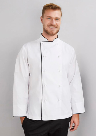 A white long sleeve chef jacket with black trim, worn by a smiling male model. The jacket features a double-breasted design and buttons. A white long sleeve chef jacket with black trim, worn by a smiling male model. The jacket features a double-breasted design and buttons.