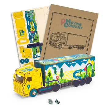 A large wooden model of a truck in bright yellow and blue with parts for assembly and a box. Includes branding.