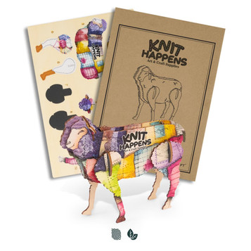 A wooden model of a sheep in vibrant colours, displayed with its packaging and craft supplies for assembly.